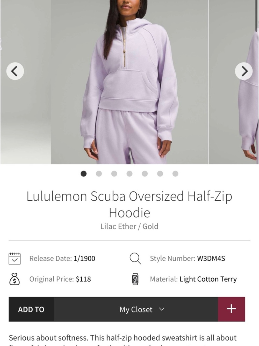 Woman’s size xs/s lululemon athletica Lilac Half-Zip Scuba Hoodie with Gold Zip